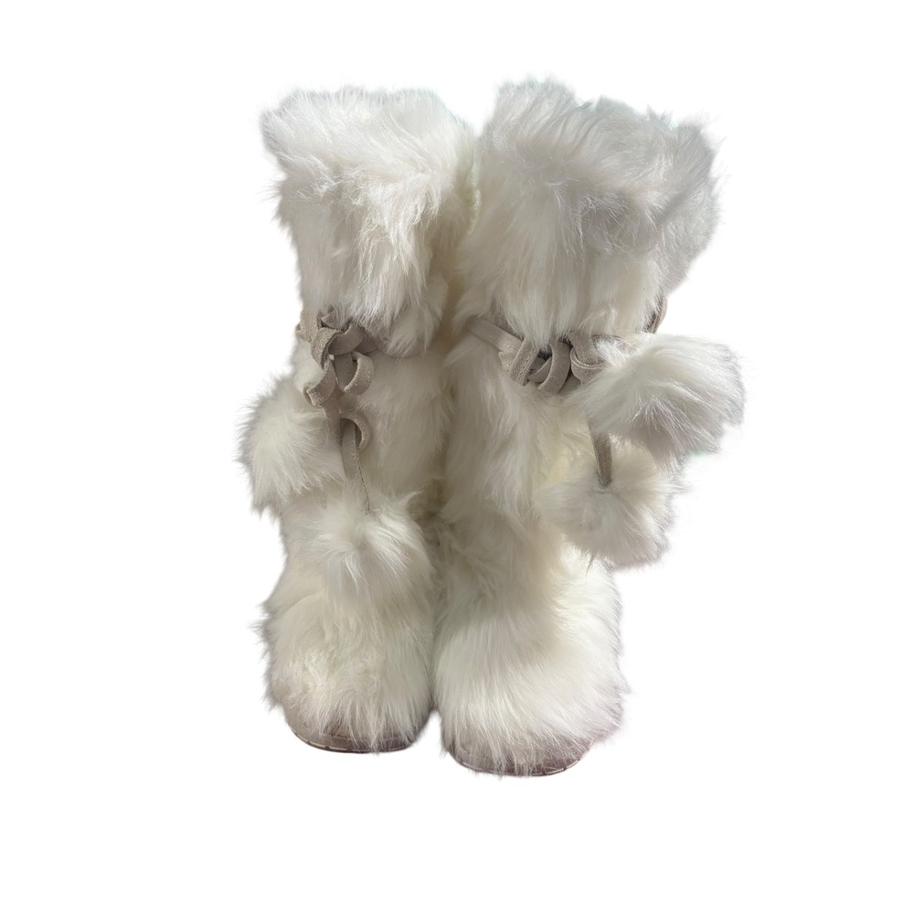 Colin Stuart White Faux Fur Pom Pom Snow Boots Womens 9 Mid Calf Après Ski